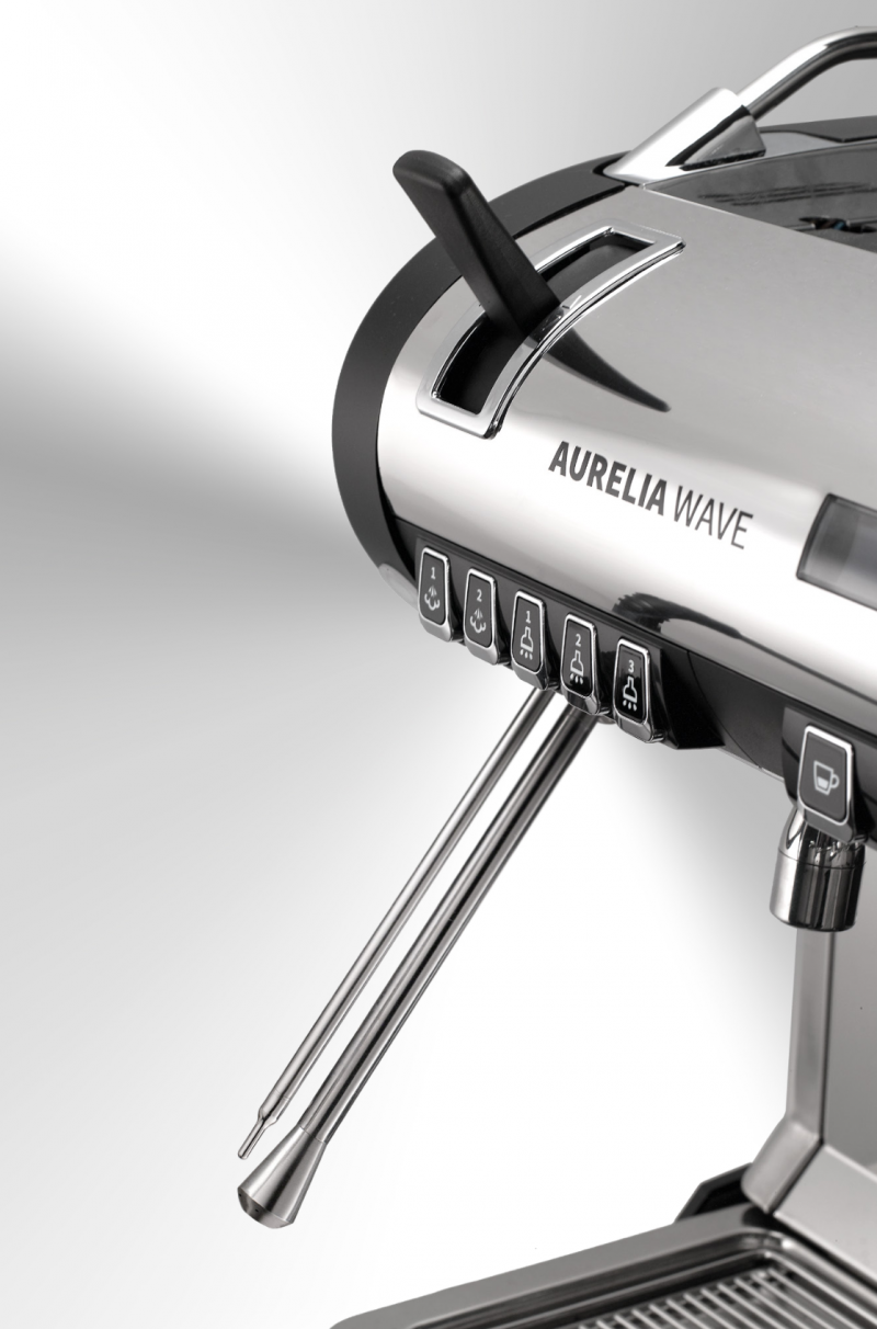 A closeup image of the cool touch steam wand on the Aurelia Wave T3